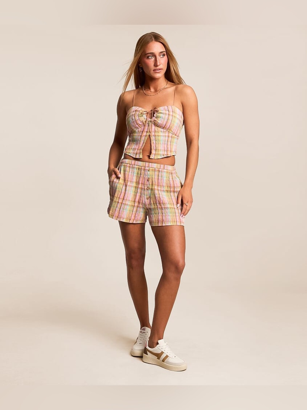 Billabong Sweet Check Pastel Plaid Two-Piece Tank and Shorts Set